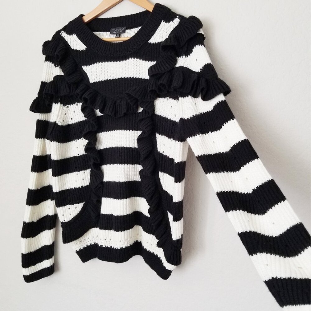 Topshop Humbug Ruffle Striped Knit Sweater Size 8 Black White Romantic Parisian - Picture 7 of 15
